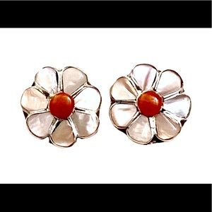 Native American Vintage MOP Coral Flower Earrings Sterling Silver 925